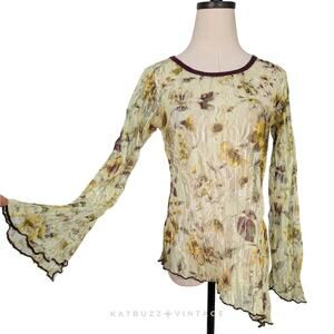 Sheer Lace Long Sleeve Top S Green Brown Y2K Whimsigoth Grunge Asymmetric USA